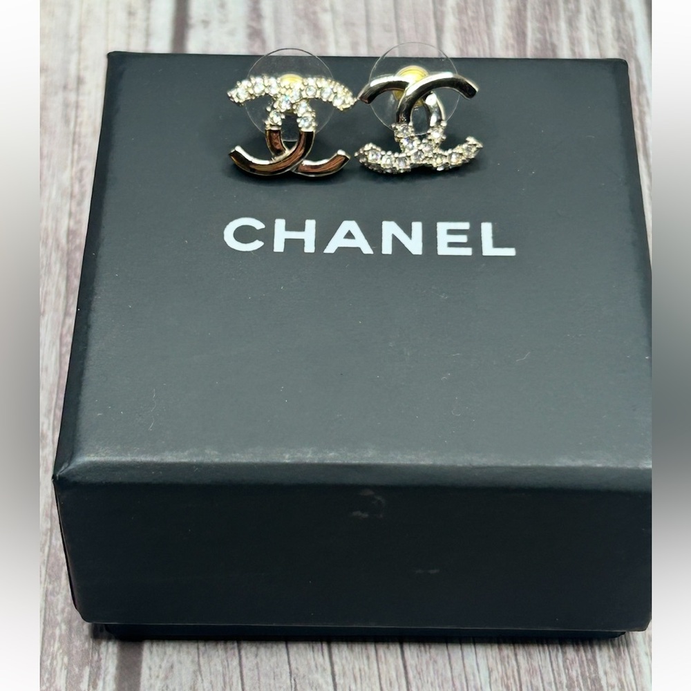CHANEL Silver CC Rhinestone Accent Pierced Stud Earrings + Box & Bag - Picture 11 of 15